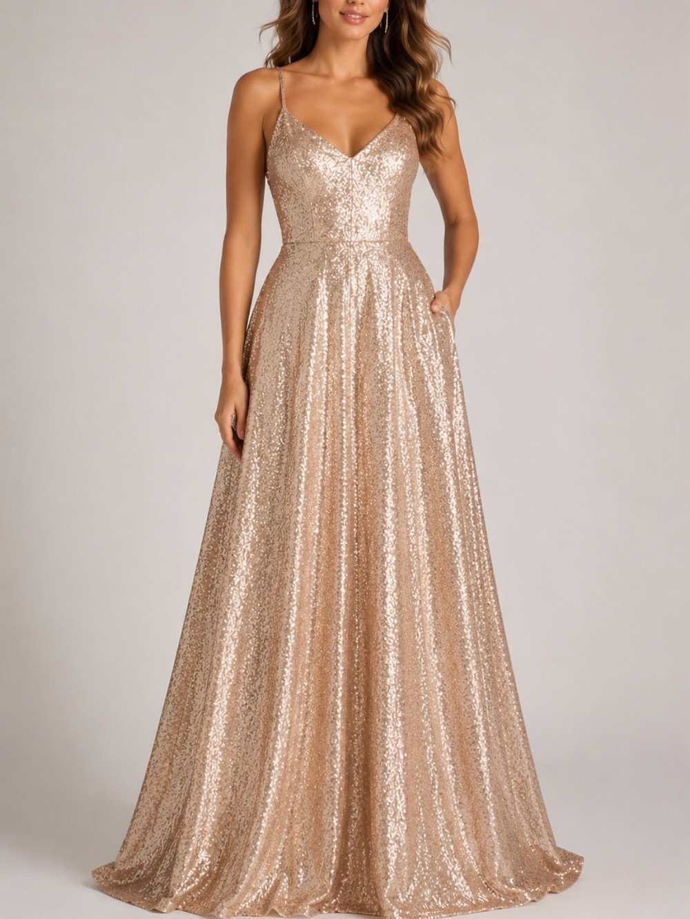 Mori Lee Rose Gold Champagne Sequin Formal Prom Sweetheart Strappy A-Line Gown